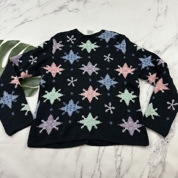 Talbots Womens Vintage 90s Snowflake Cardigan Sweater Size L Black Blue Holiday - Picture 8 of 12